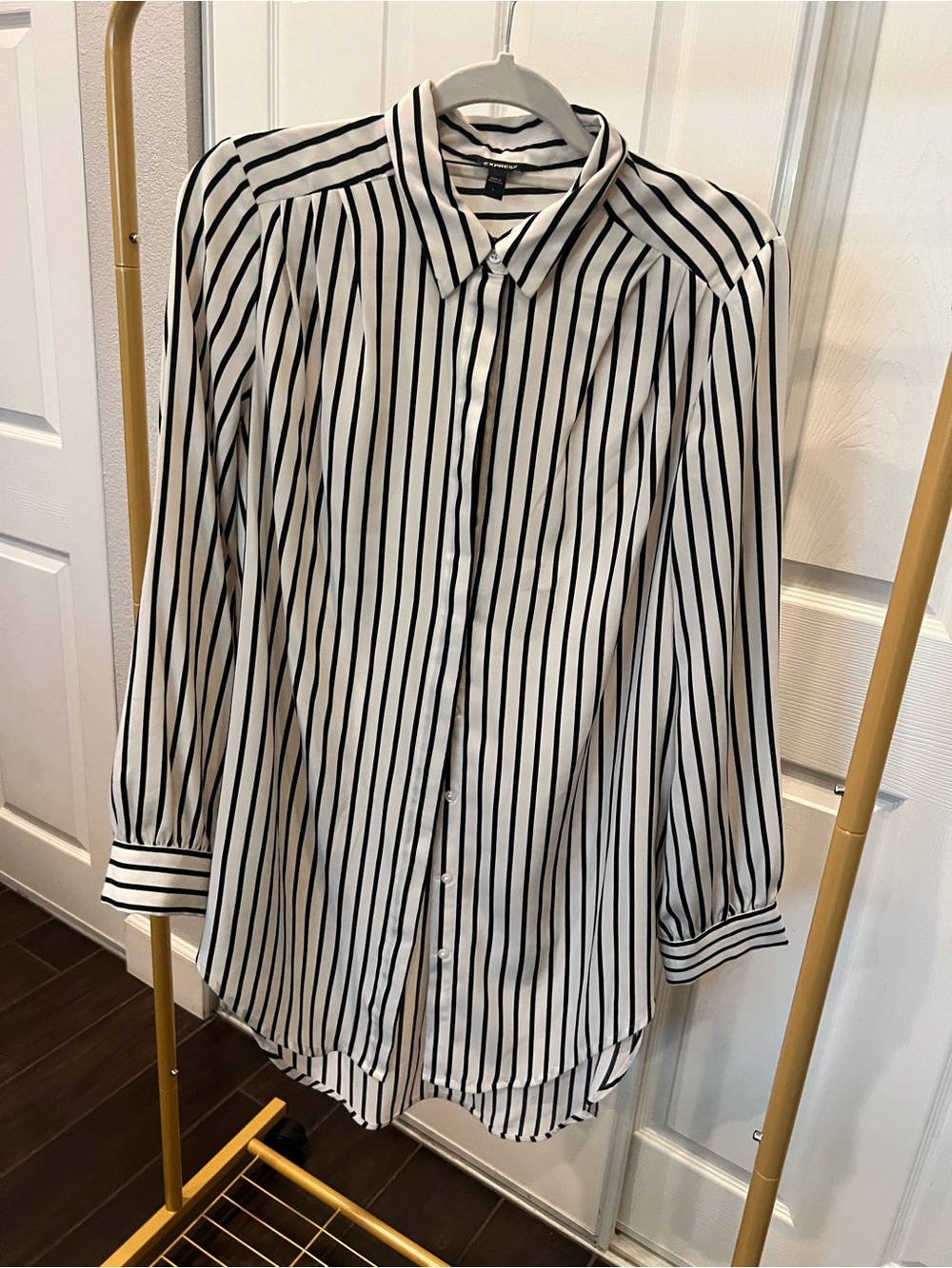 Express Black and White Striped Button-Up Blouse